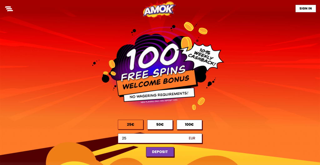 Startsidan på Amok Casino online
